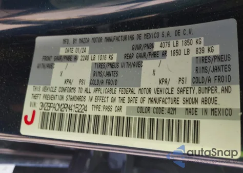 2024 Mazda Mazda3 2.5 S Preferred from USA, damaged, VIN 3MZBPACM2RM415224